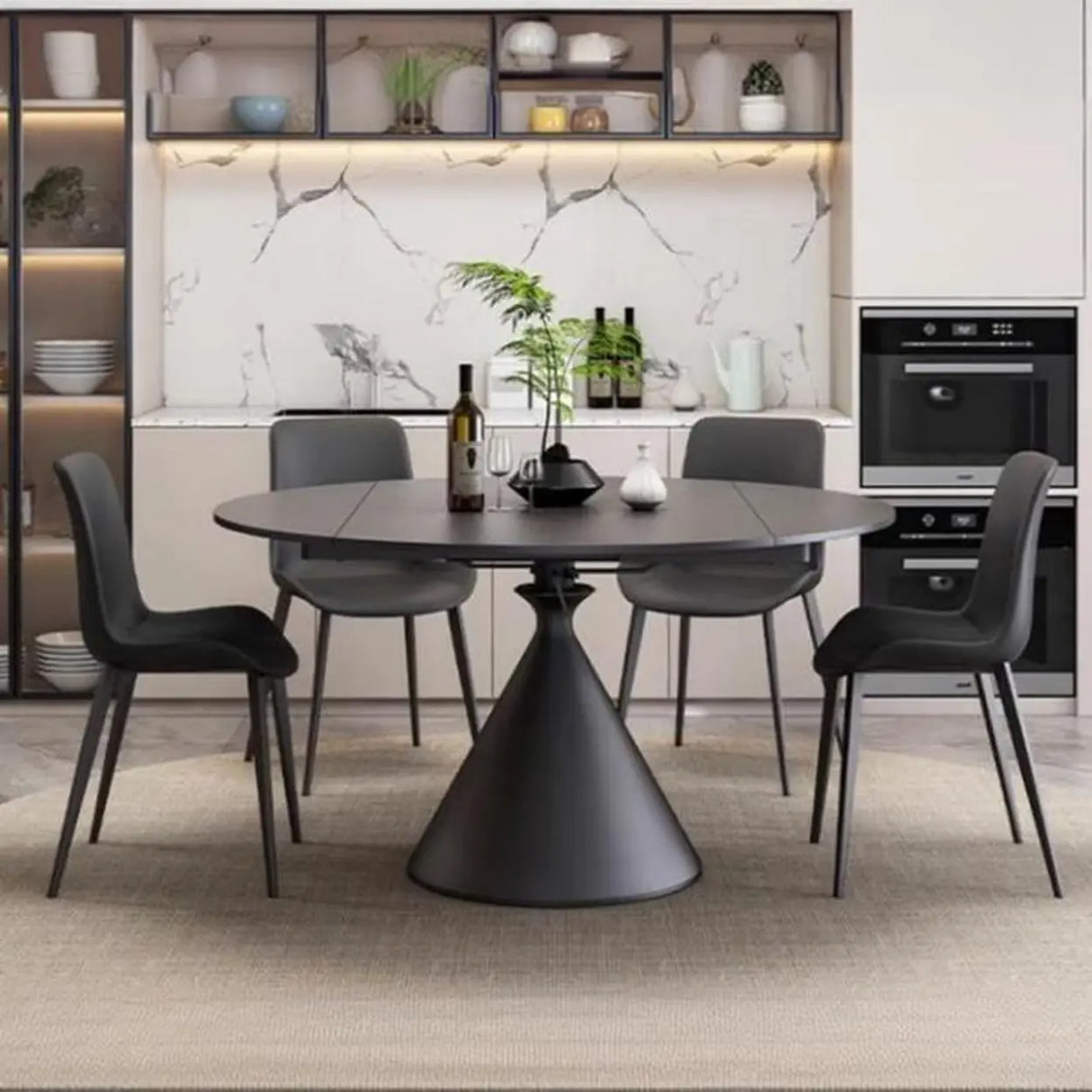 Modern Round Stone Dining Table Black Extendable Leaf Image - 5