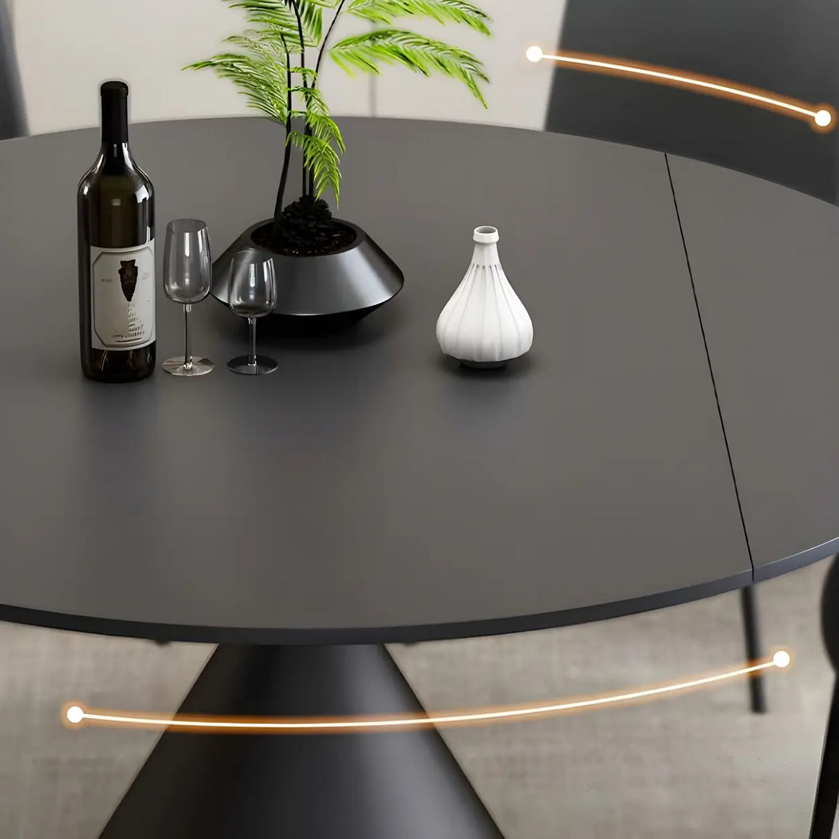 Modern Round Stone Dining Table Black Extendable Leaf Image - 6