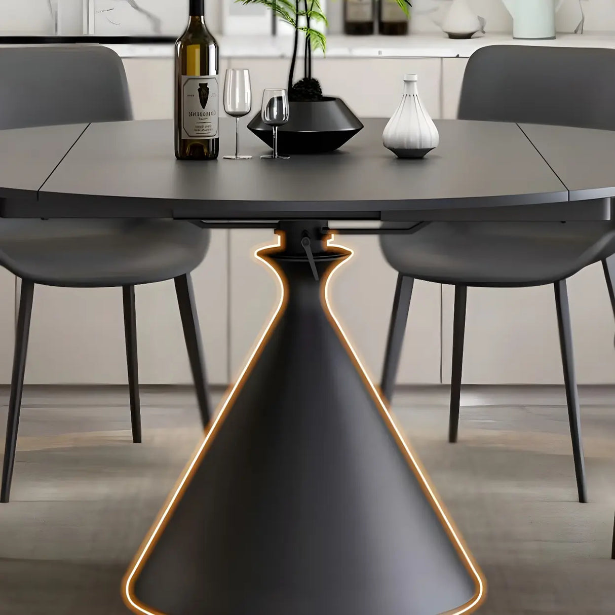 Modern Round Stone Dining Table Black Extendable Leaf Image - 7