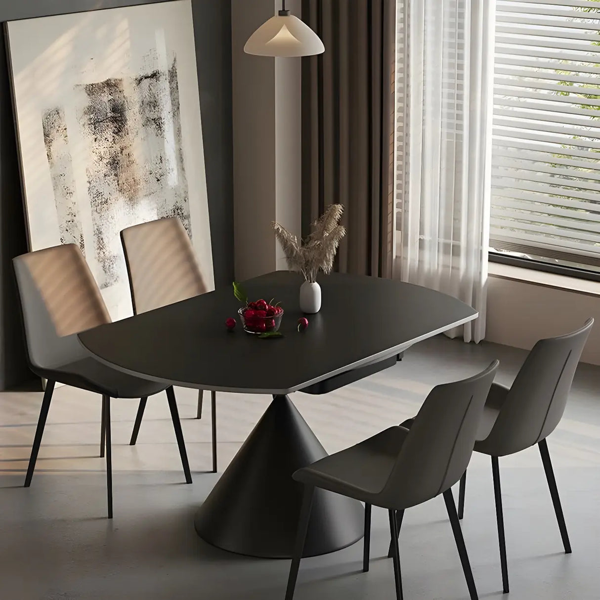 Modern Round Stone Dining Table Black Extendable Leaf Image - 8