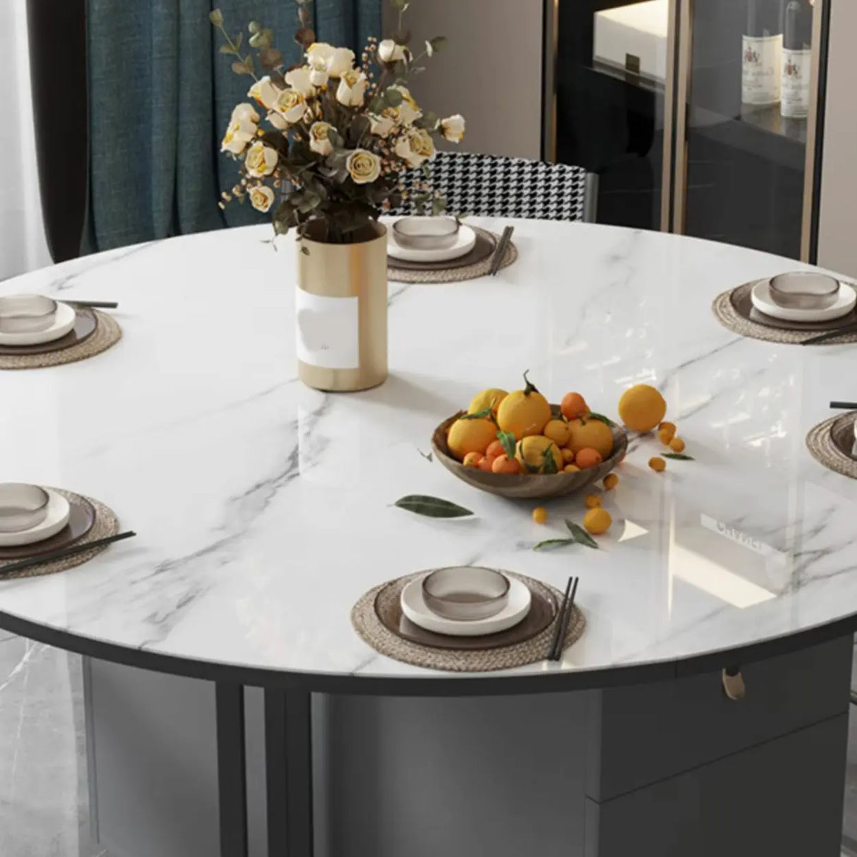 Modern Round Stone Dining Table White Extendable Image - 9