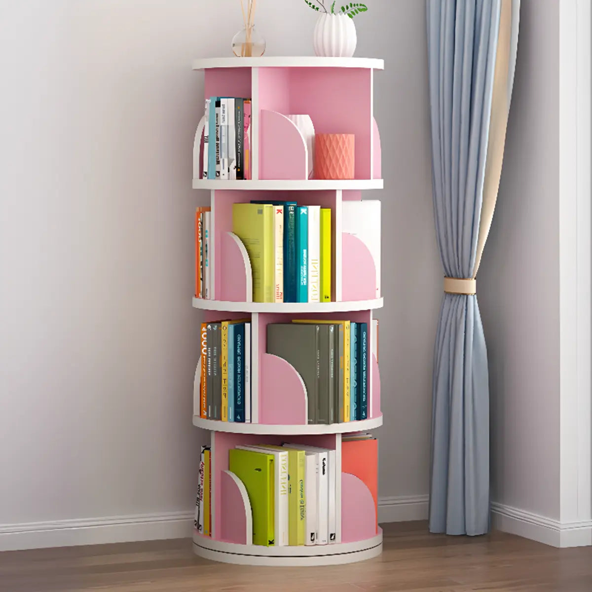 Modern Round Vertical Multi-Tier Wood Storage Bookcase Image - 12