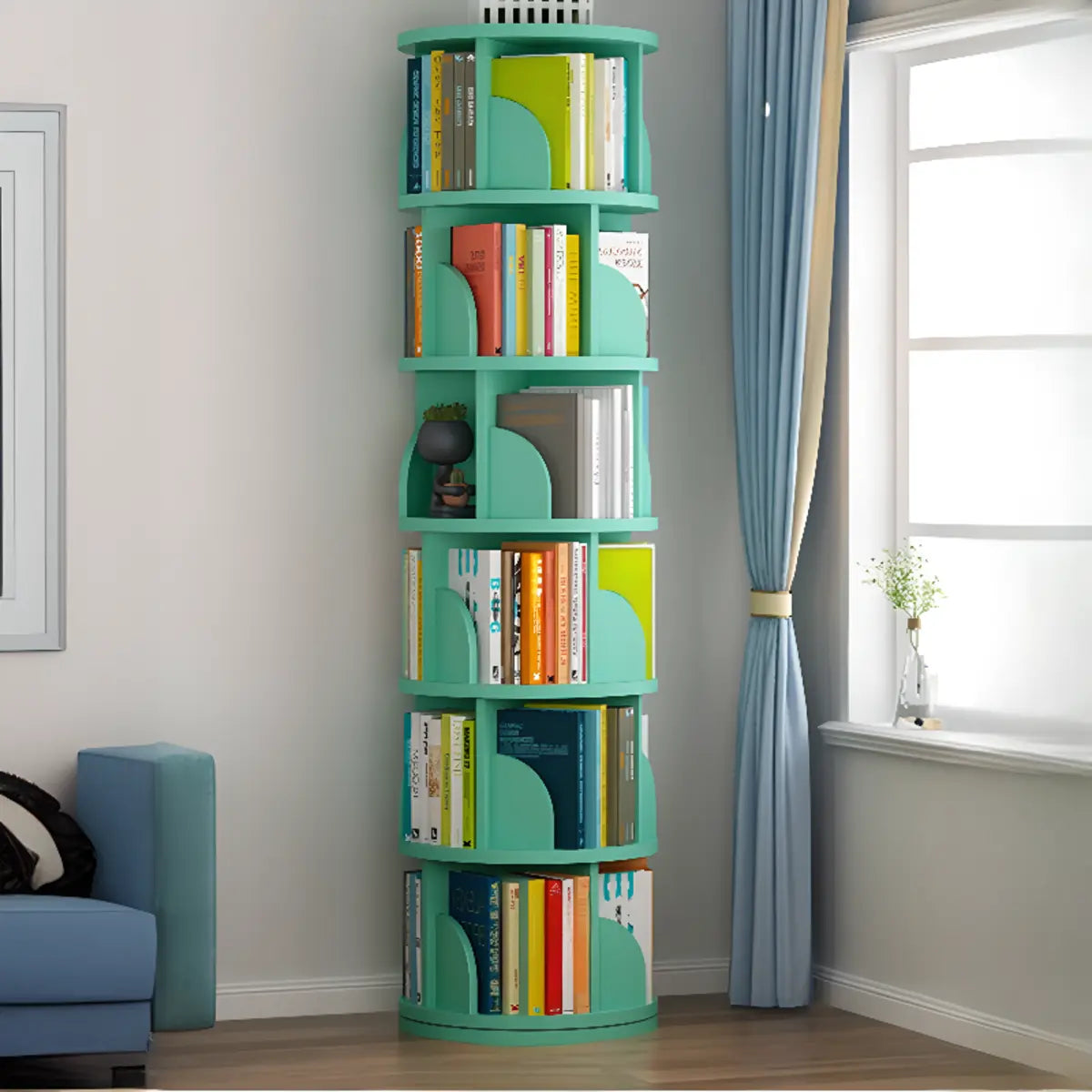 Modern Round Vertical Multi-Tier Wood Storage Bookcase Image - 13