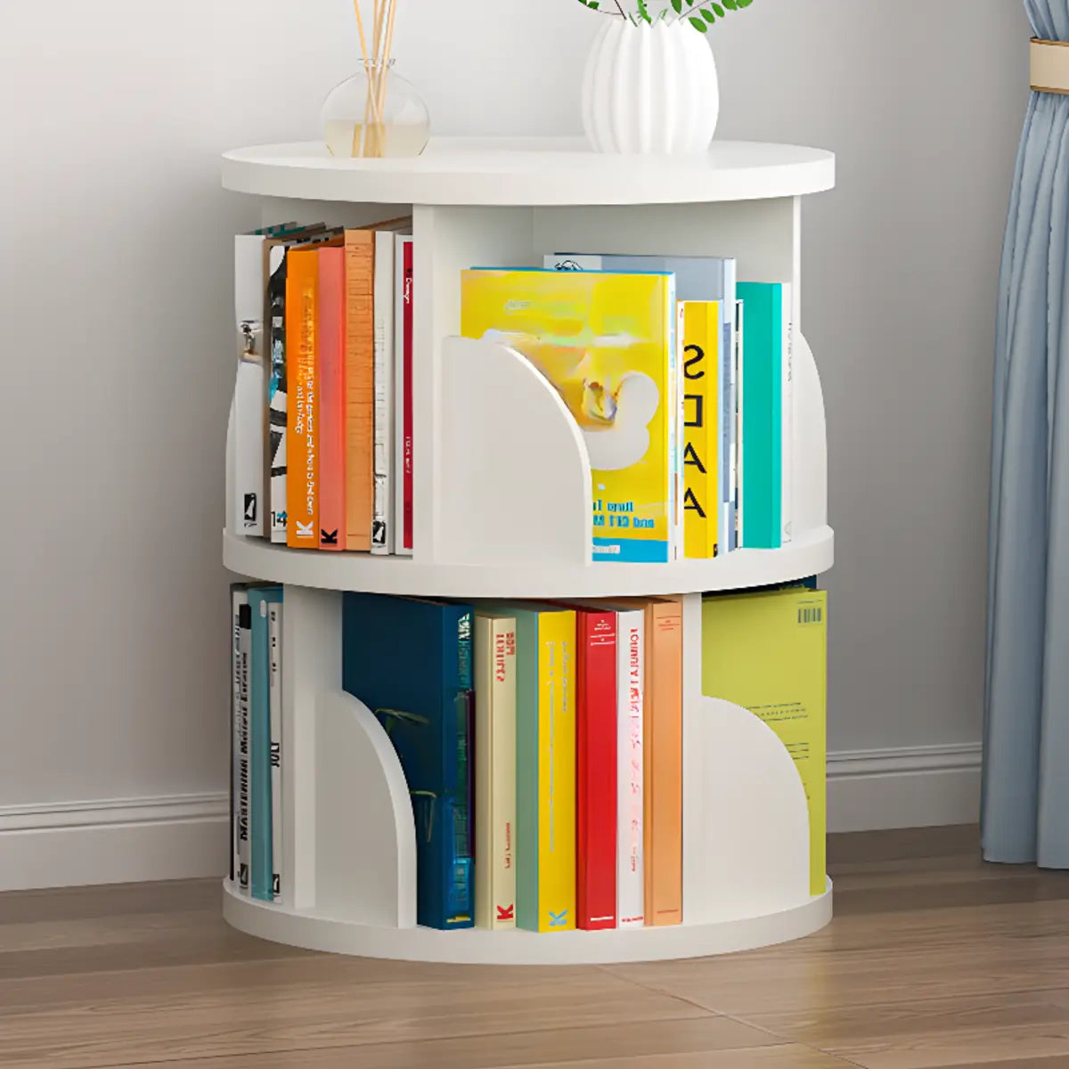 Modern Round Vertical Multi-Tier Wood Storage Bookcase Image - 14