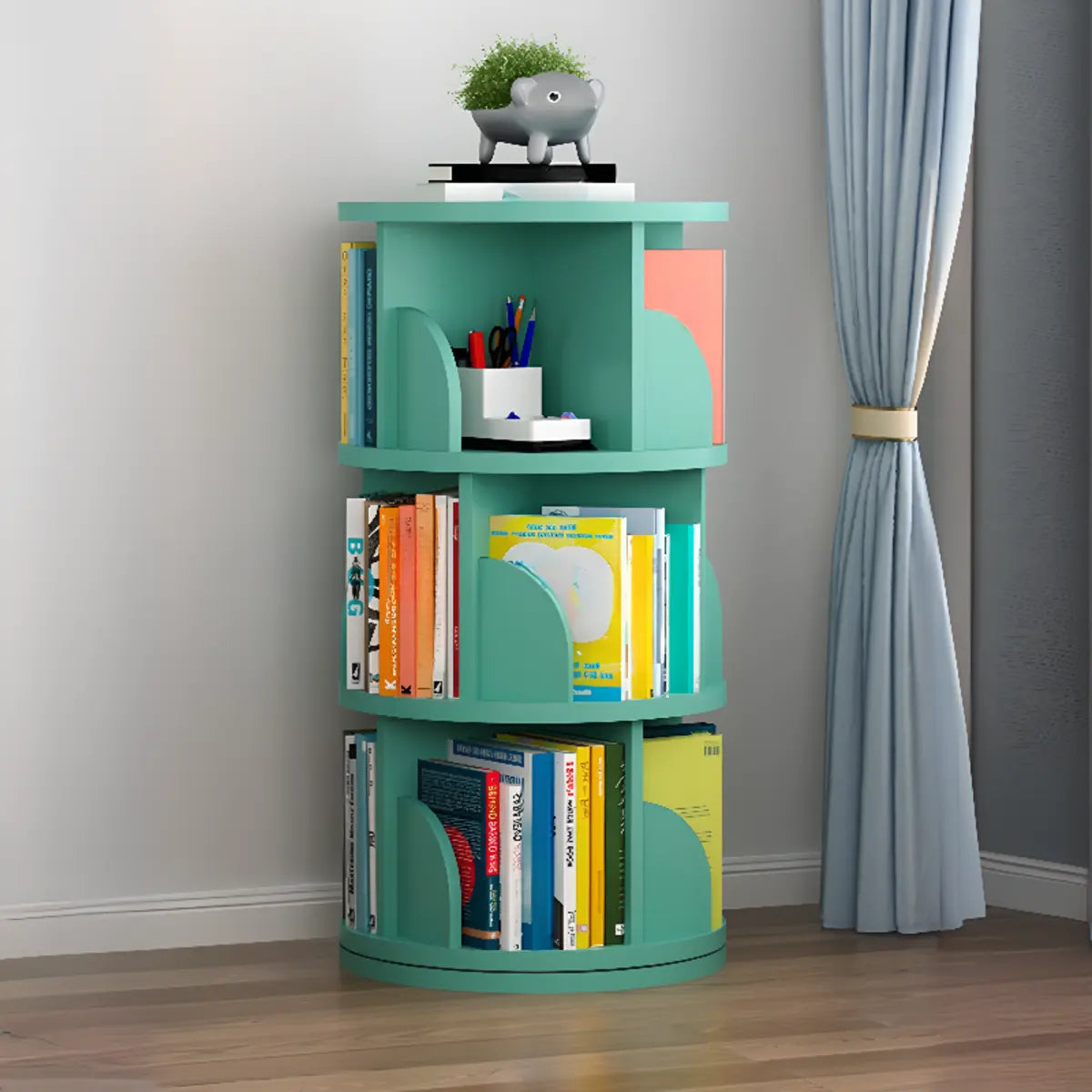 Modern Round Vertical Multi-Tier Wood Storage Bookcase Image - 15