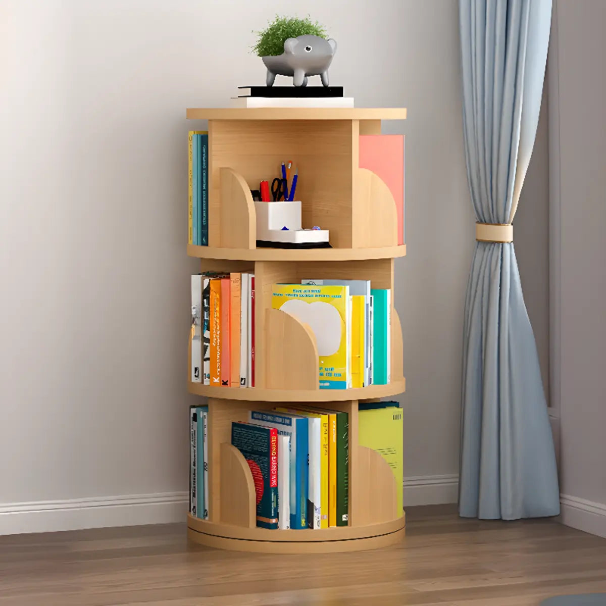 Modern Round Vertical Multi-Tier Wood Storage Bookcase Image - 19