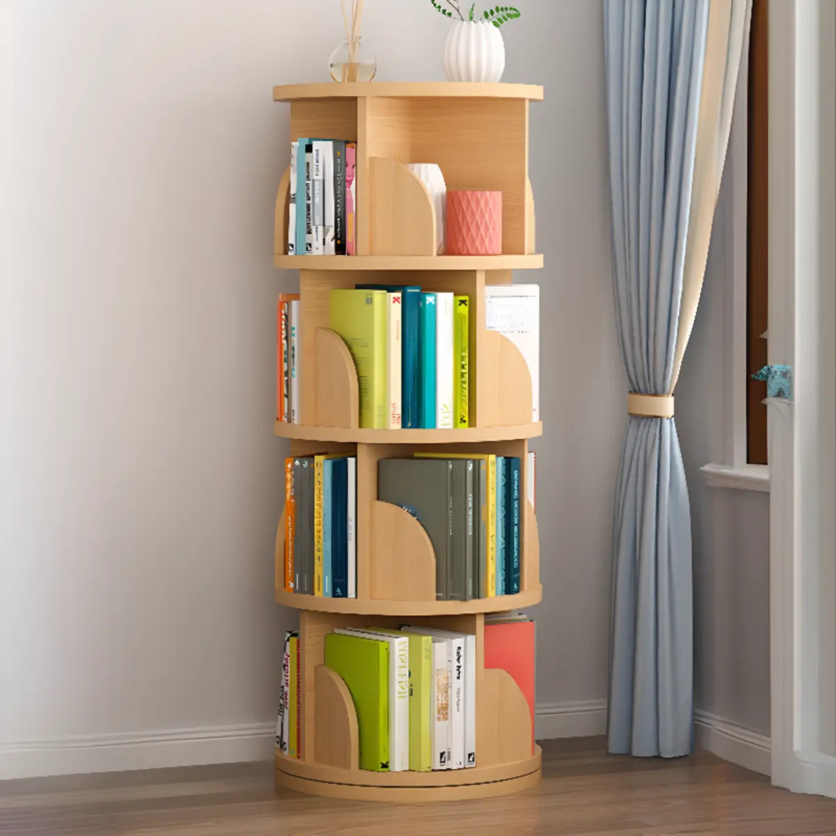 Modern Round Vertical Multi-Tier Wood Storage Bookcase Image - 2