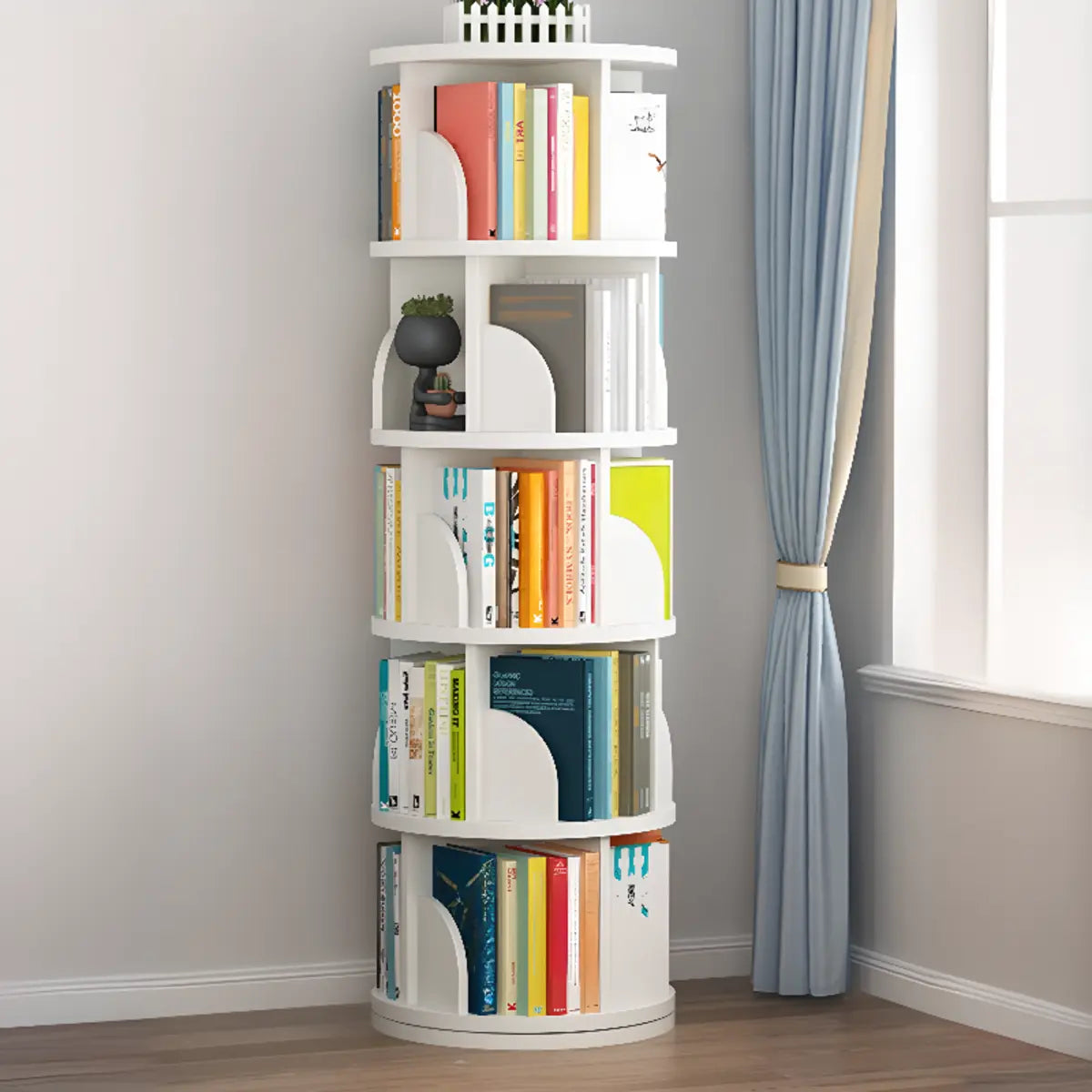 Modern Round Vertical Multi-Tier Wood Storage Bookcase Image - 20