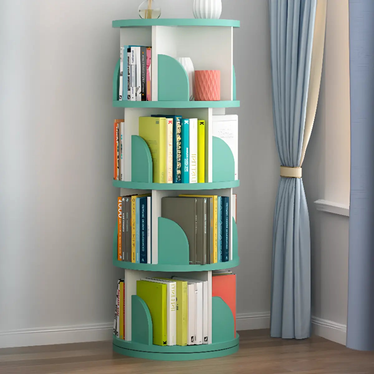 Modern Round Vertical Multi-Tier Wood Storage Bookcase Image - 21