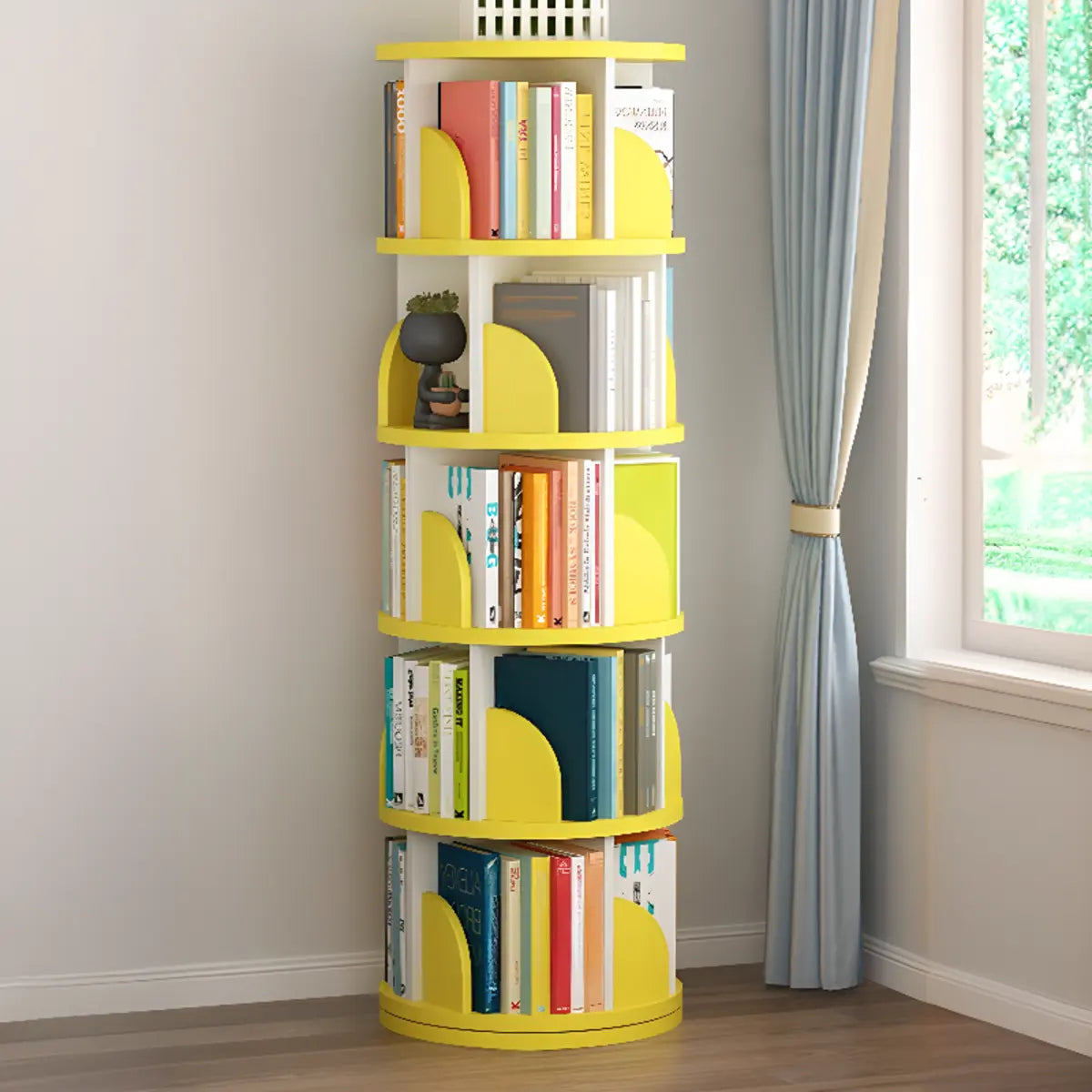 Modern Round Vertical Multi-Tier Wood Storage Bookcase Image - 24