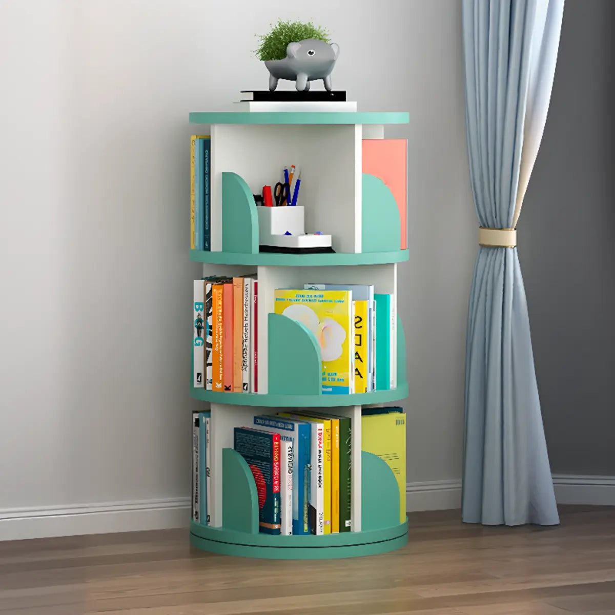 Modern Round Vertical Multi-Tier Wood Storage Bookcase Image - 25