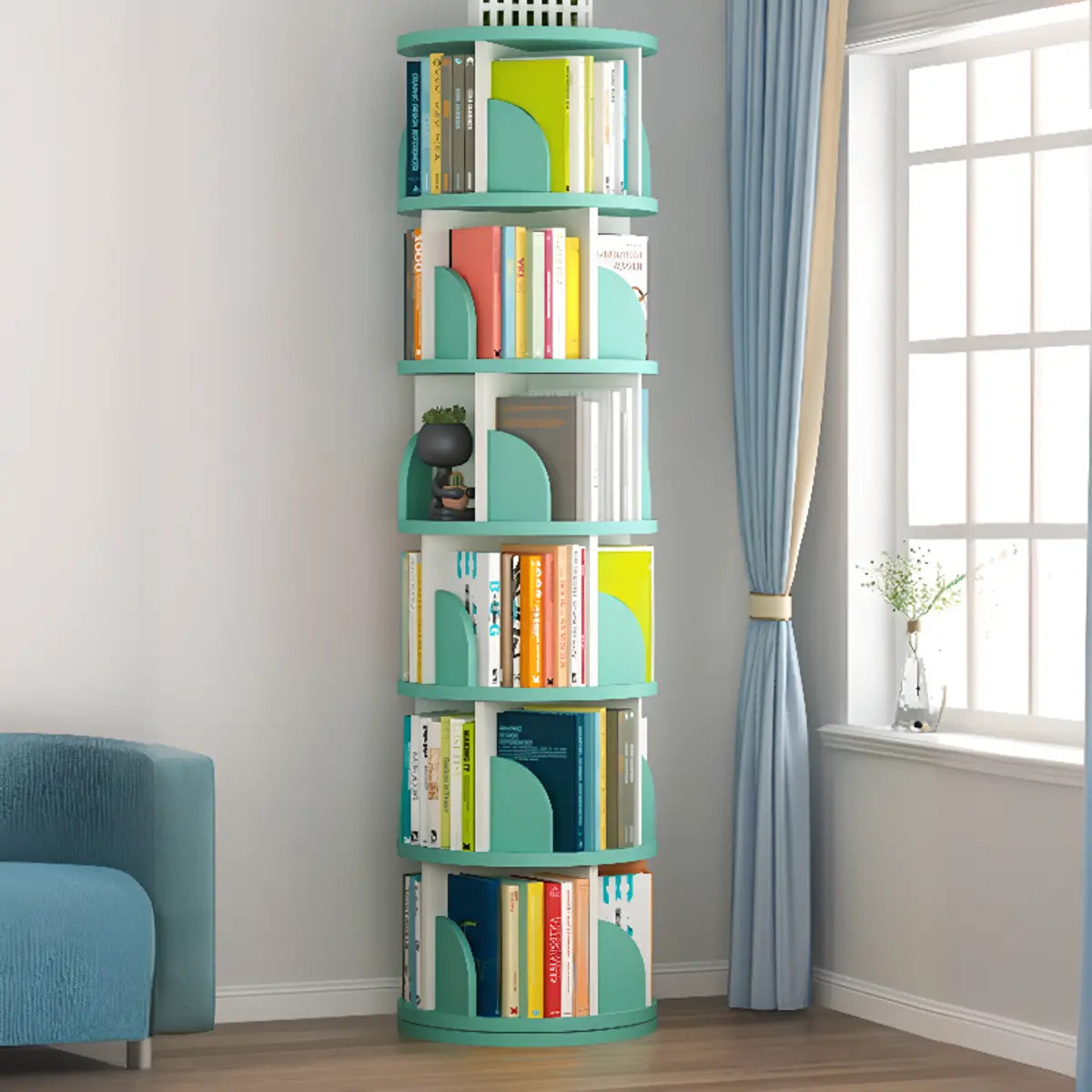 Modern Round Vertical Multi-Tier Wood Storage Bookcase Image - 4