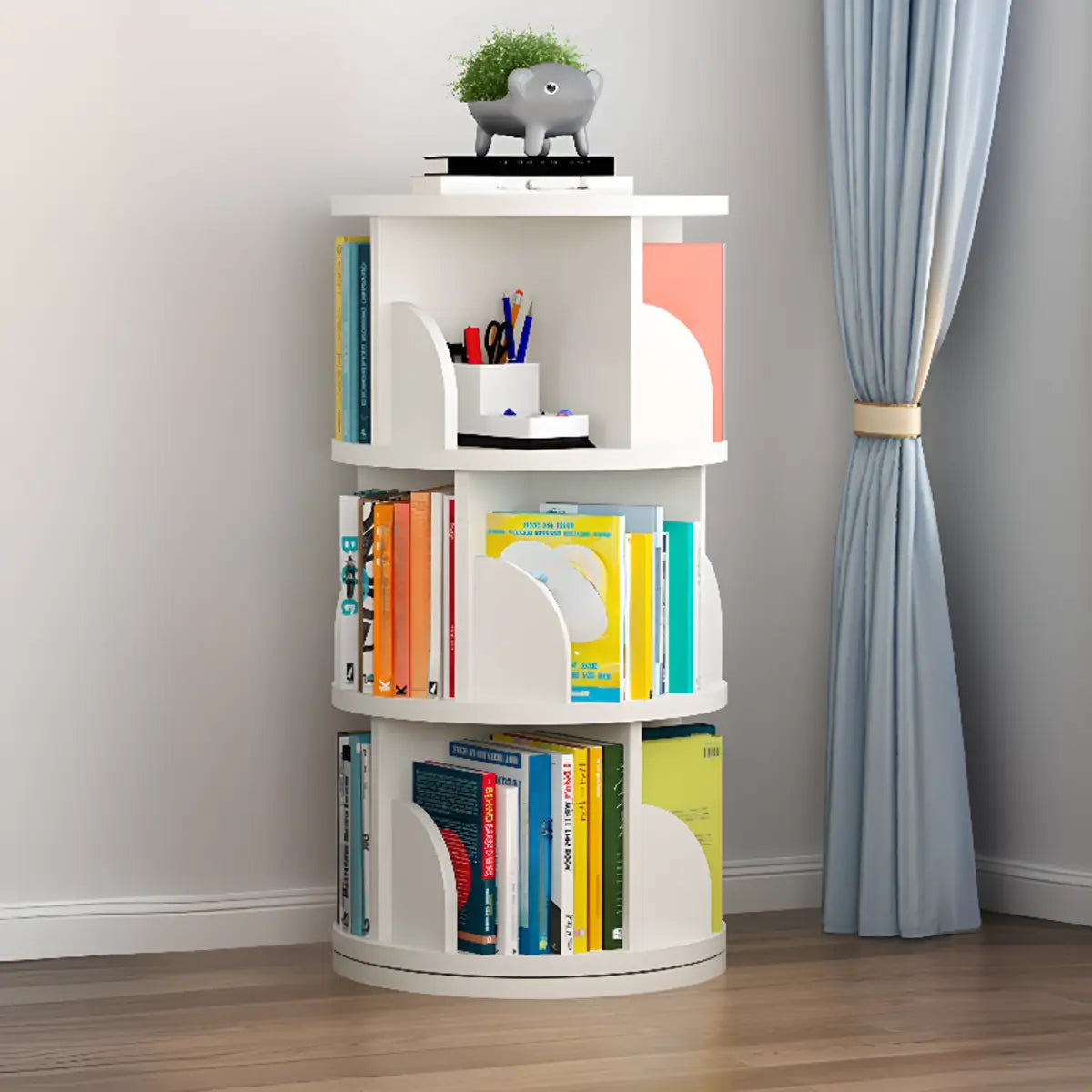 Modern Round Vertical Multi-Tier Wood Storage Bookcase Image - 6