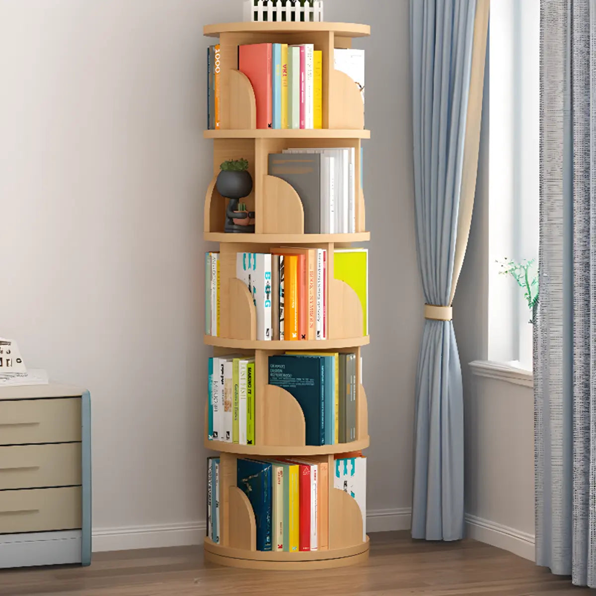 Modern Round Vertical Multi-Tier Wood Storage Bookcase Image - 7