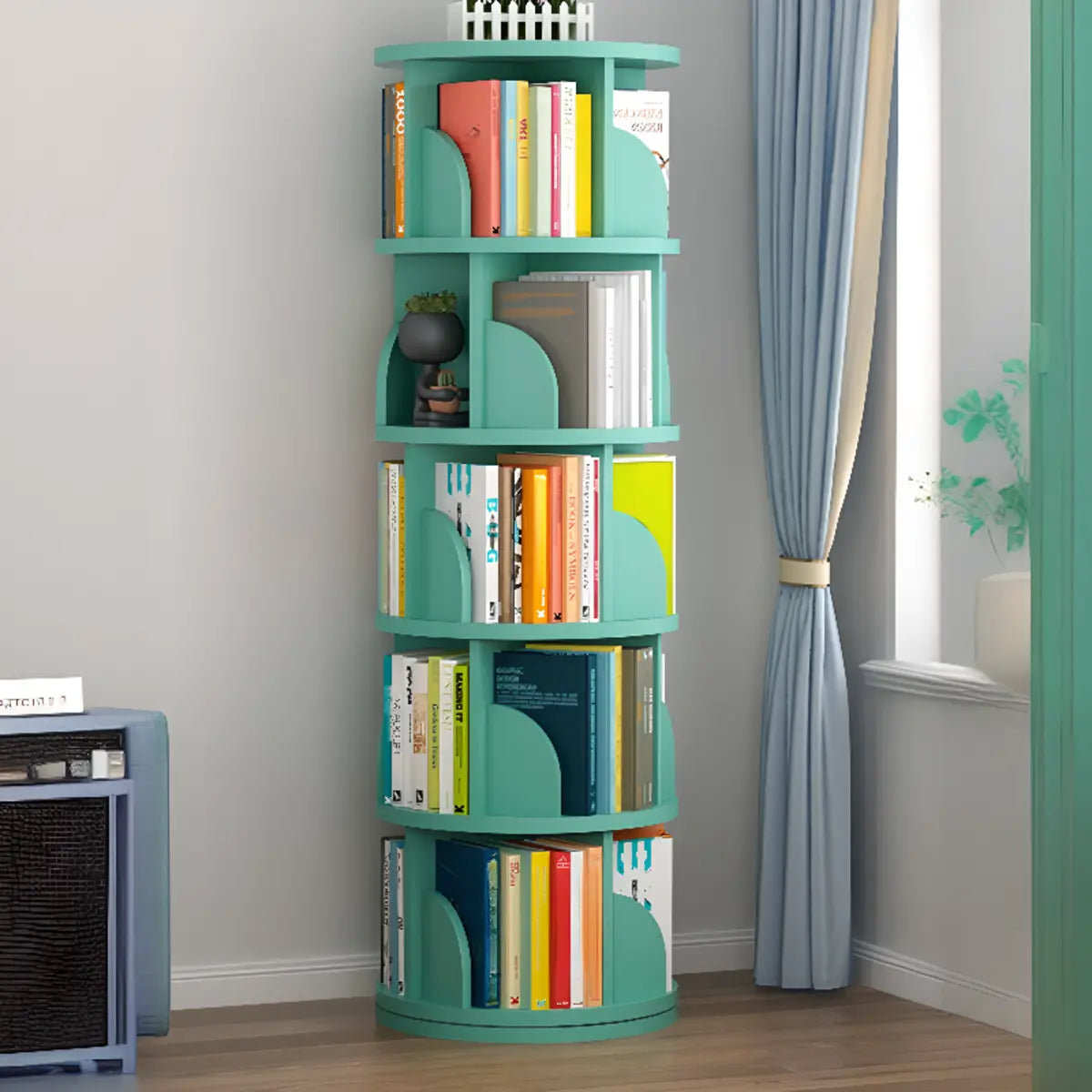 Modern Round Vertical Multi-Tier Wood Storage Bookcase Image - 8