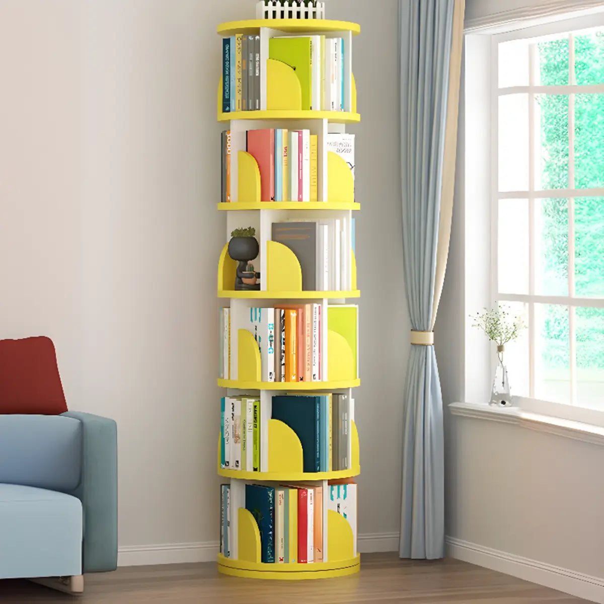 Modern Round Vertical Multi-Tier Wood Storage Bookcase Image - 9