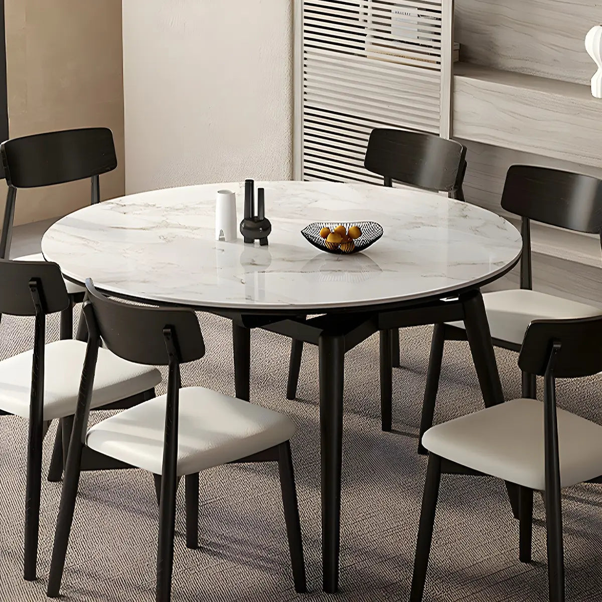 Modern Round White Stone Dining Table Oak Base Extendable Image - 1