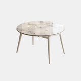 Modern Round White Stone Dining Table Oak Base Extendable Image - 3