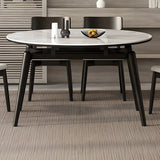 Modern Round White Stone Dining Table Oak Base Extendable Image - 4