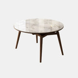 Modern Round White Stone Dining Table Oak Base Extendable Image - 5