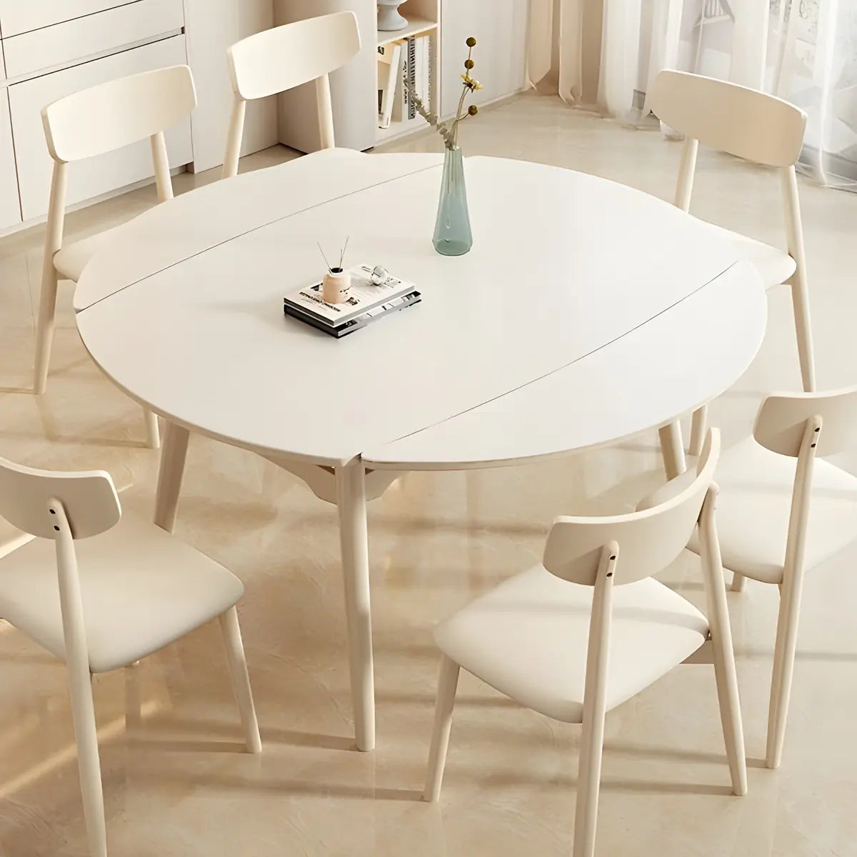 Modern Round White Stone Extendable Dining Table Image - 2