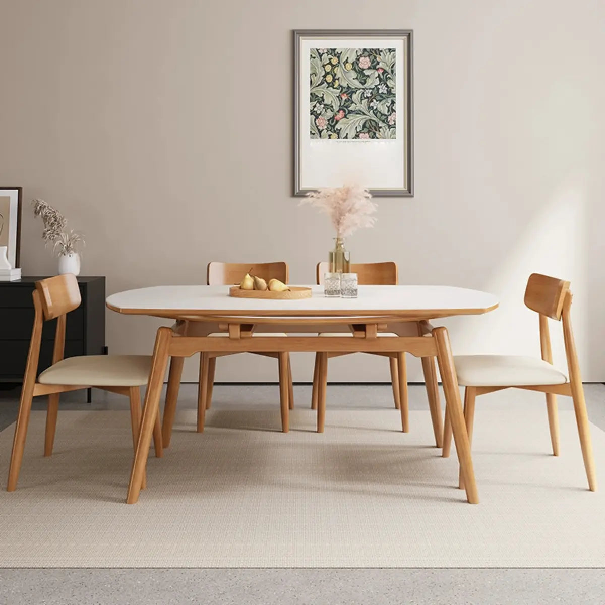 Modern Round White Stone Rubberwood Extendable Dining Table Image - 2