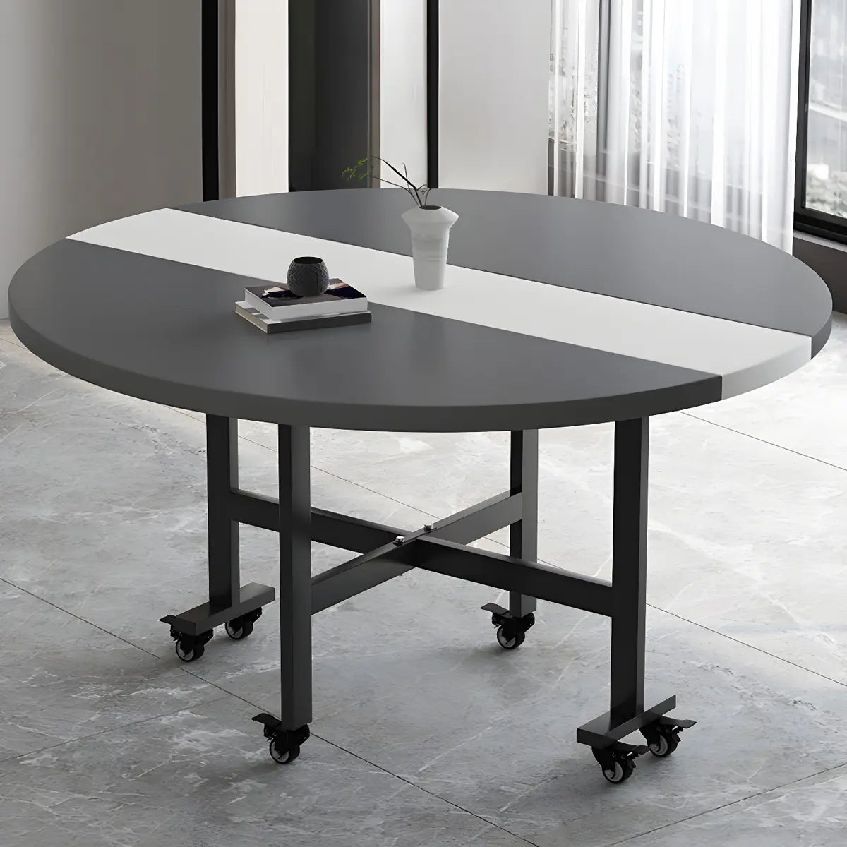 Modern Round Wood Drop-Leaf Rolling Dining Table Grey Image - 2