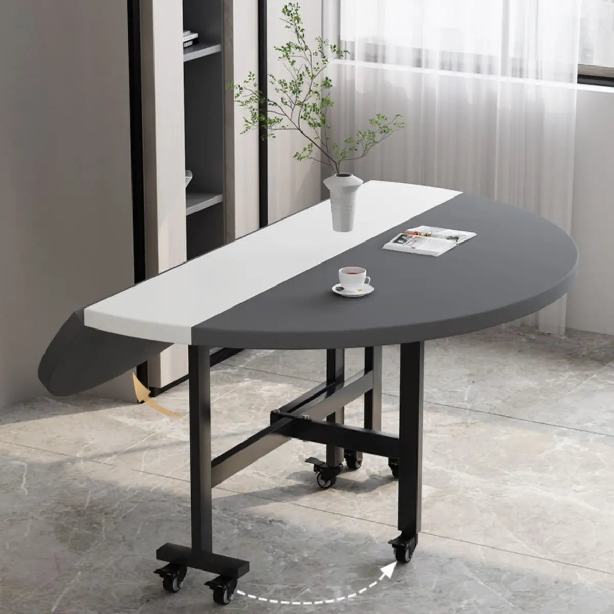 Modern Round Wood Drop-Leaf Rolling Dining Table Grey Image - 4