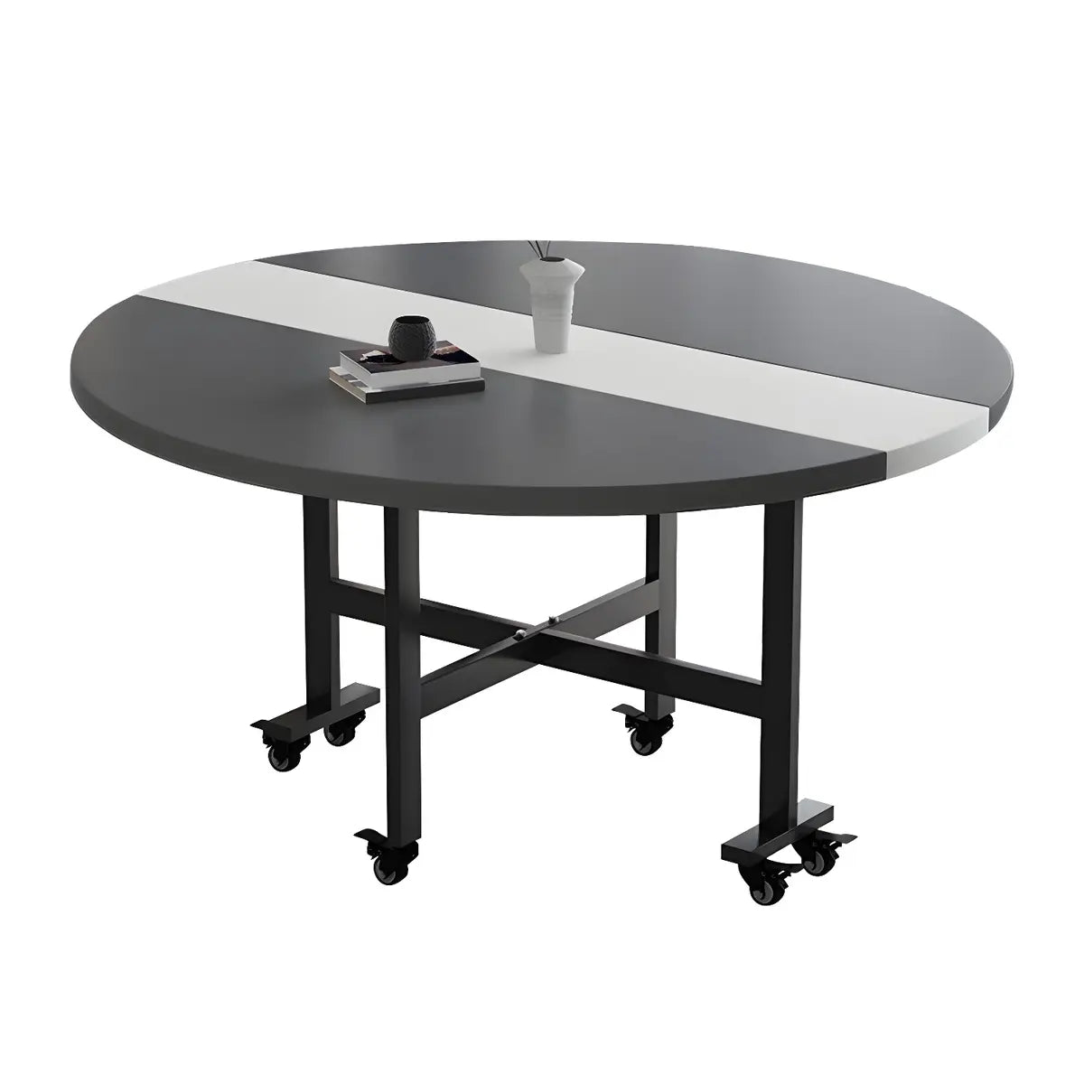 Modern Round Wood Drop-Leaf Rolling Dining Table Grey Image - 6