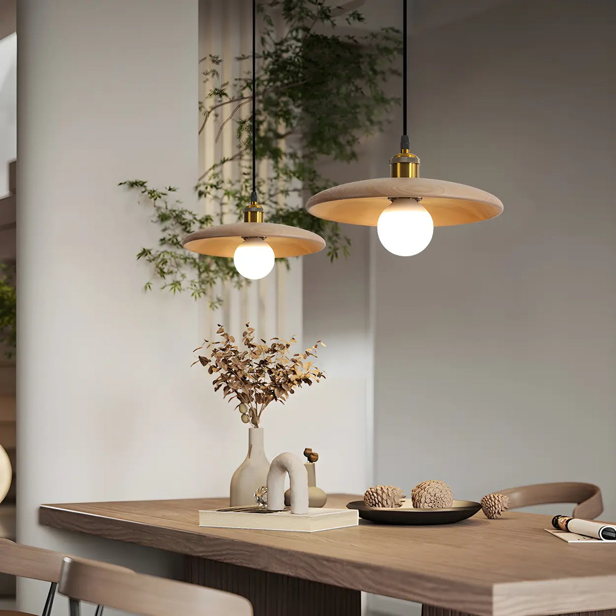 Modern Round Wooden Dome Pendant Light for Dining Room Image - 1