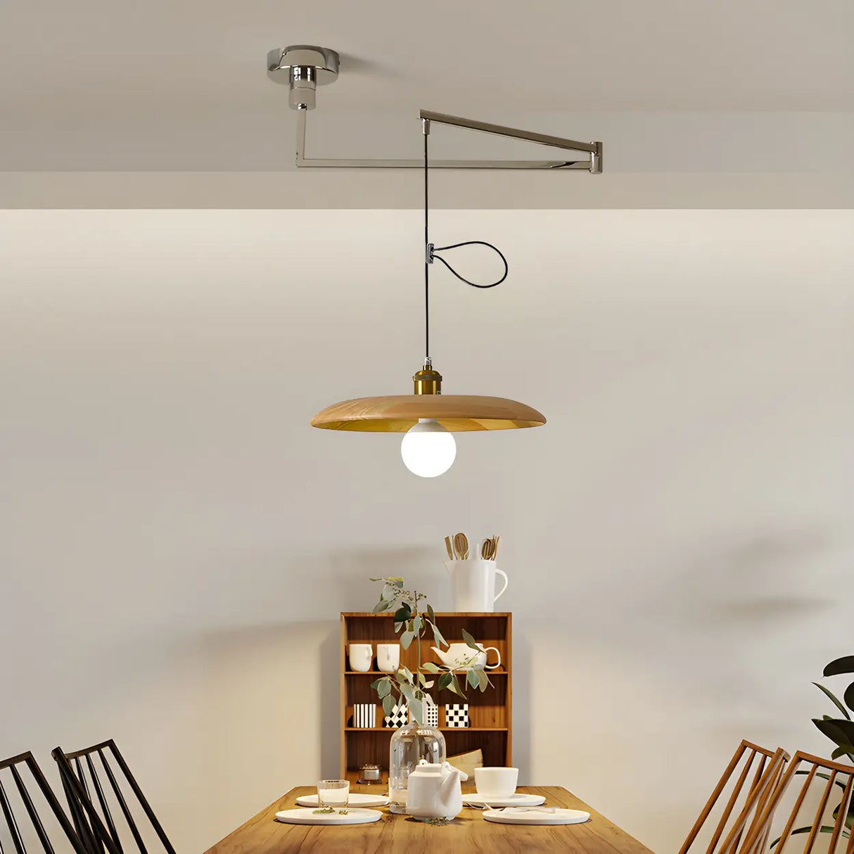 Modern Round Wooden Dome Pendant Light for Dining Room Image - 2