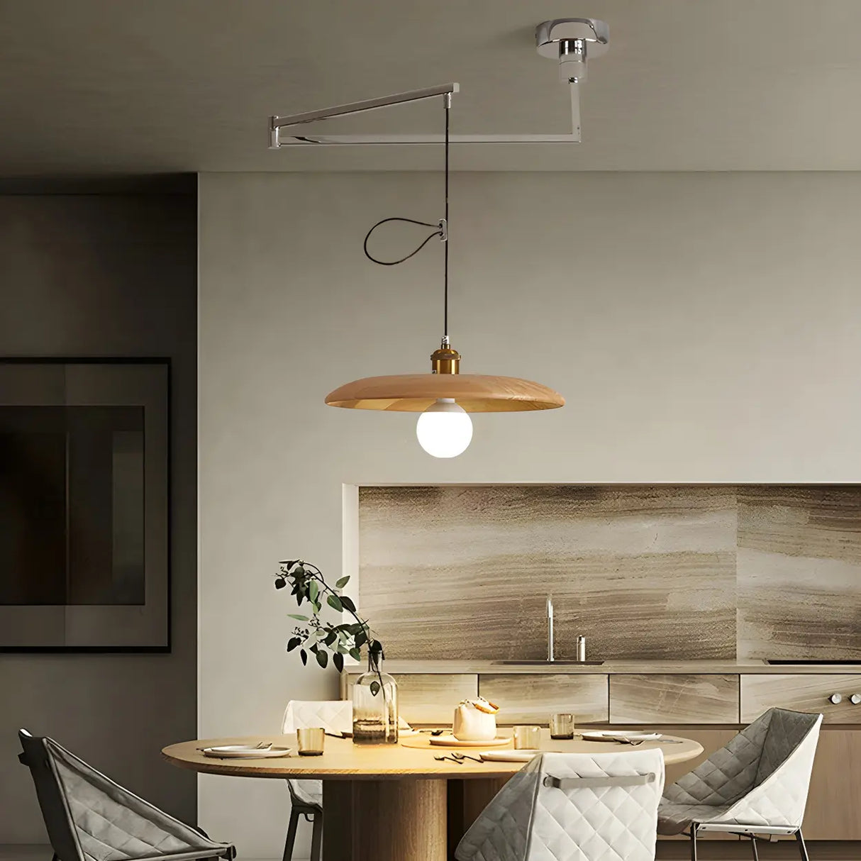 Modern Round Wooden Dome Pendant Light for Dining Room Image - 4