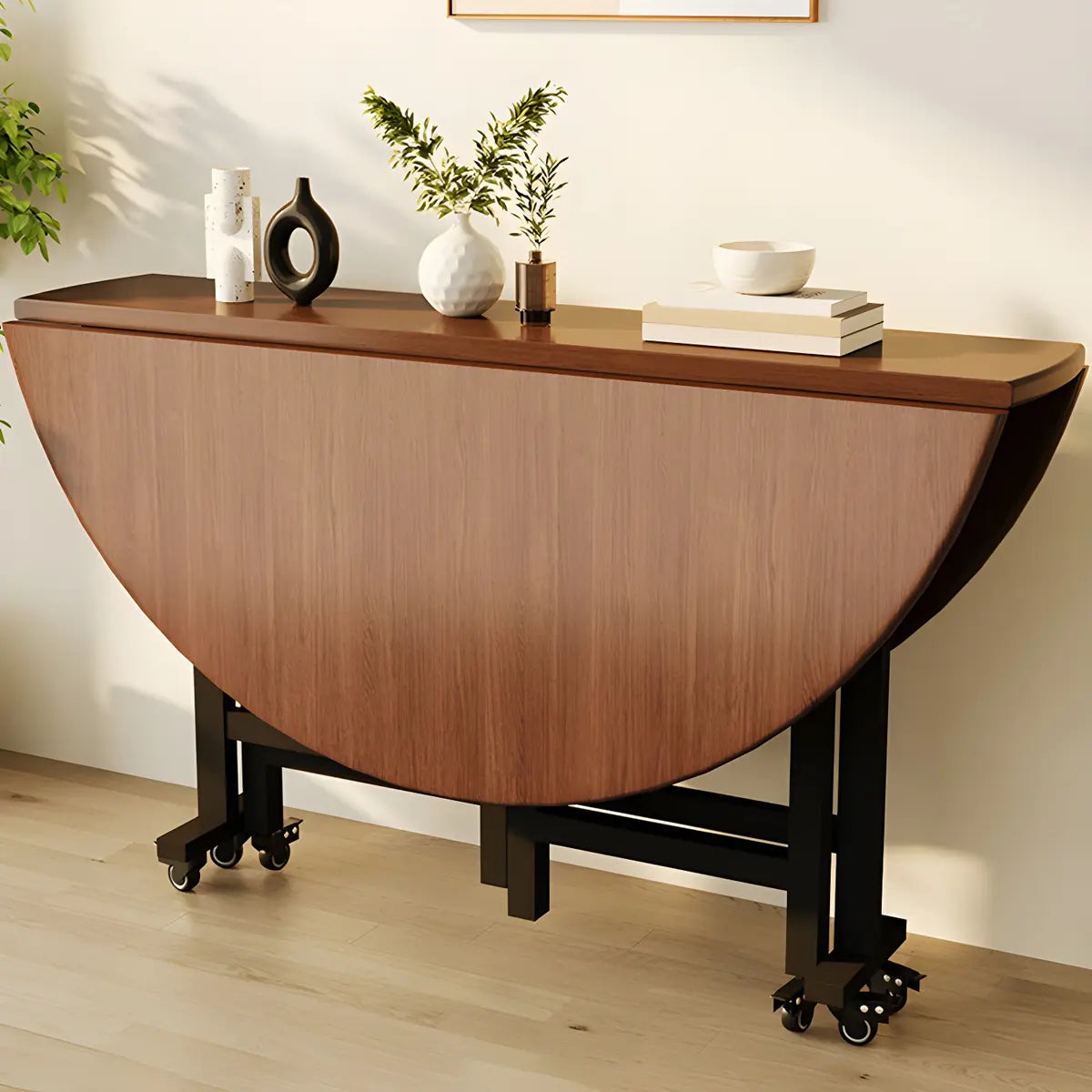 Modern Round Wooden Foldable Brown Dining Table with Wheels Image - 1