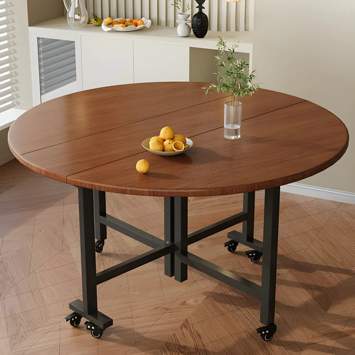 Modern Round Wooden Foldable Brown Dining Table with Wheels Image - 2