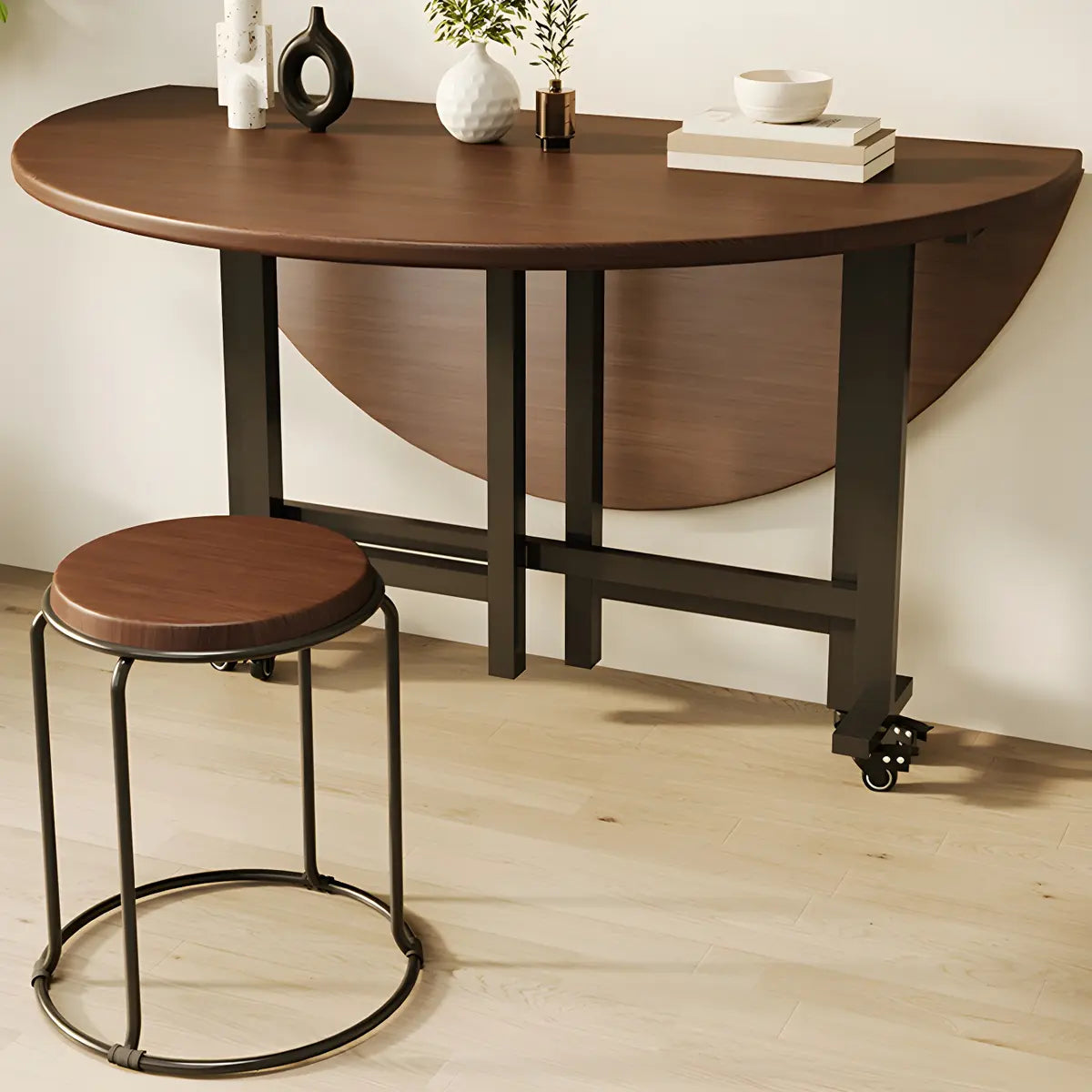 Modern Round Wooden Foldable Brown Dining Table with Wheels Image - 3