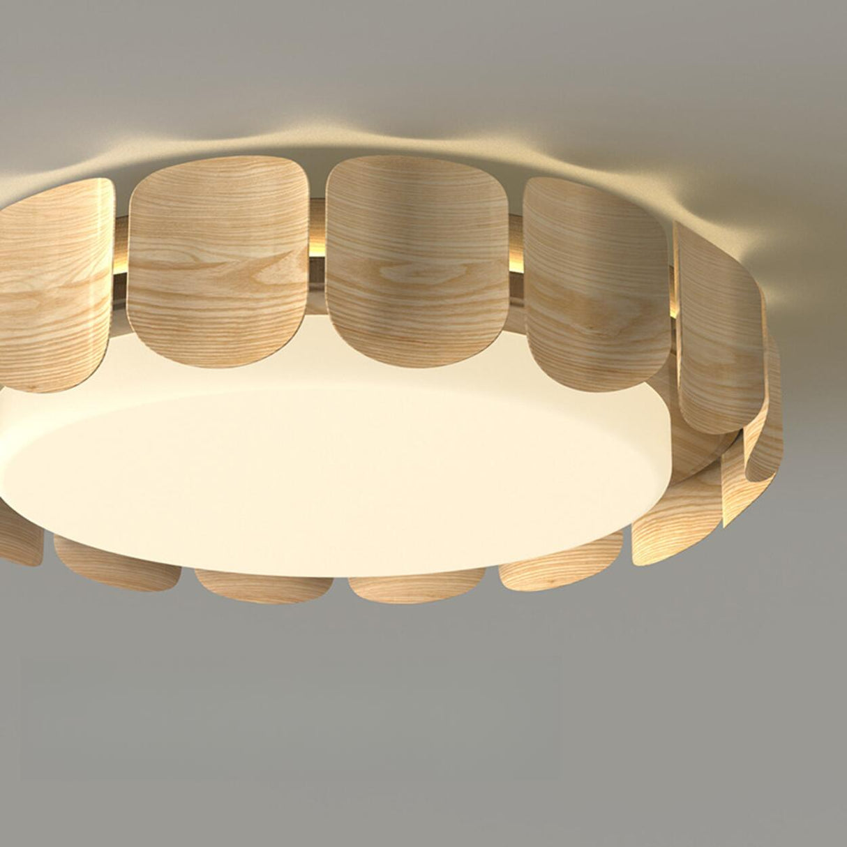 Modern Round Wooden Wave LED Flush Mount Light Image - 11