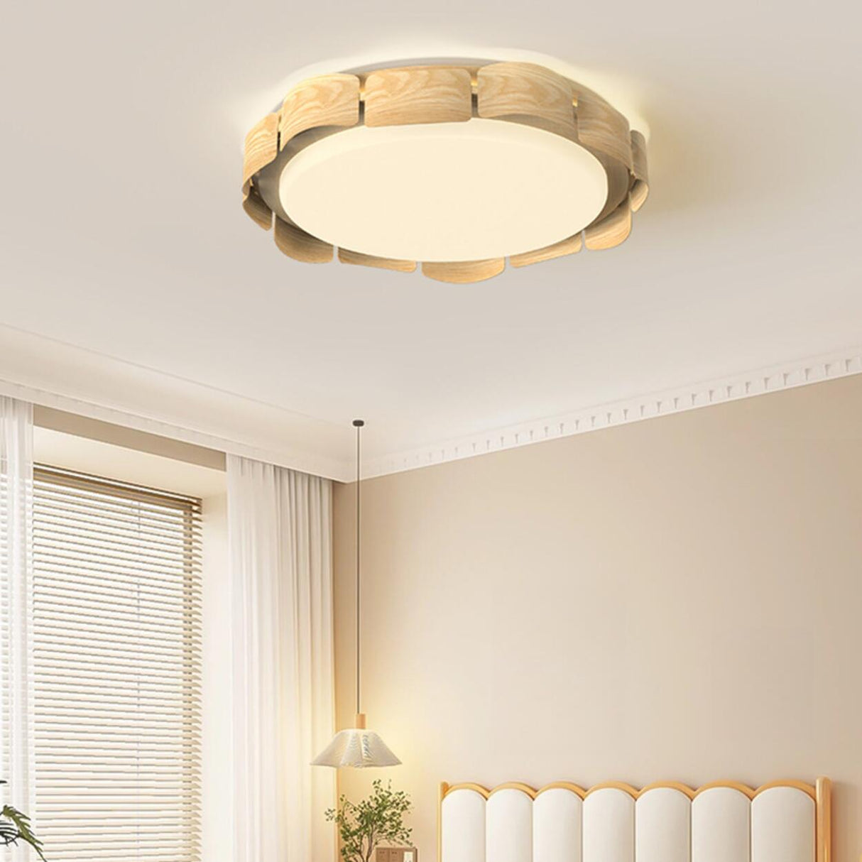 Modern Round Wooden Wave LED Flush Mount Light Image - 2