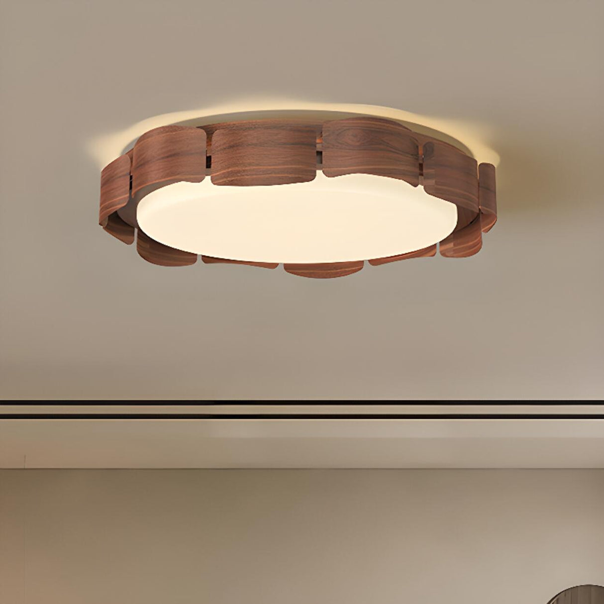 Modern Round Wooden Wave LED Flush Mount Light Image - 3