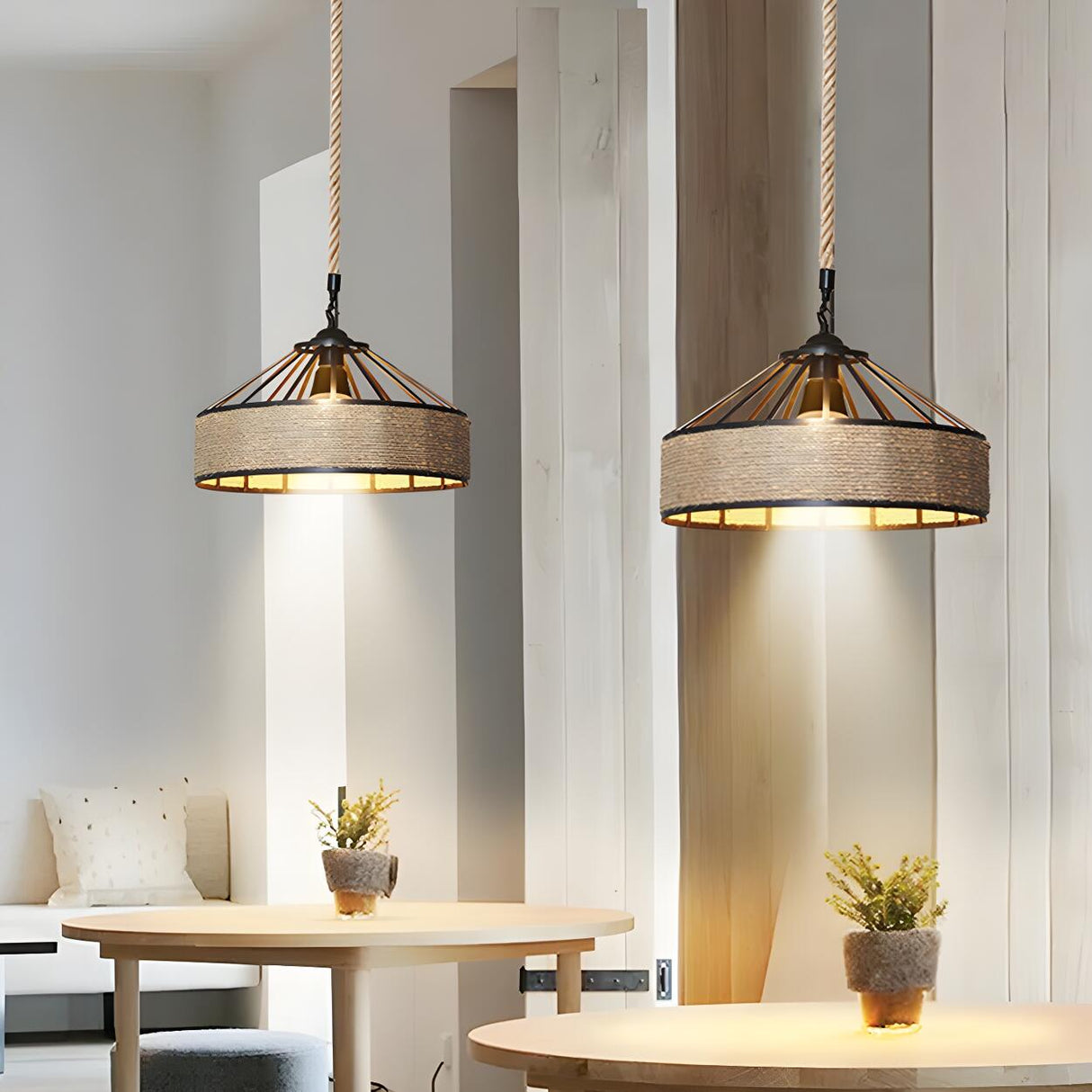 Modern Rustic Cylinder Brown Restaurant Pendant Light Image - 1