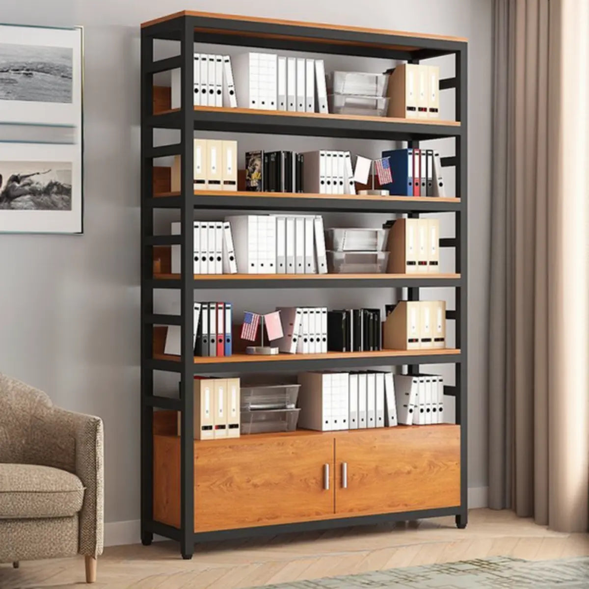 Modern Rustic Vertical Open Shelves Display Bookcases Image - 7