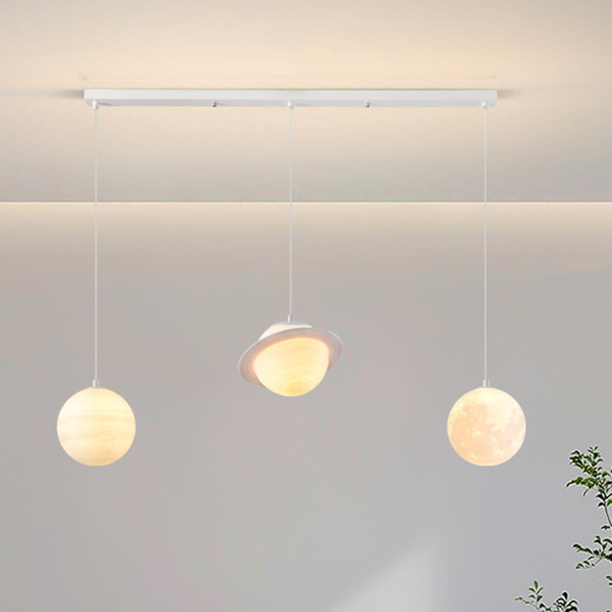 Modern Saturn Planet White Linear Dining Room Pendant Light Image - 2