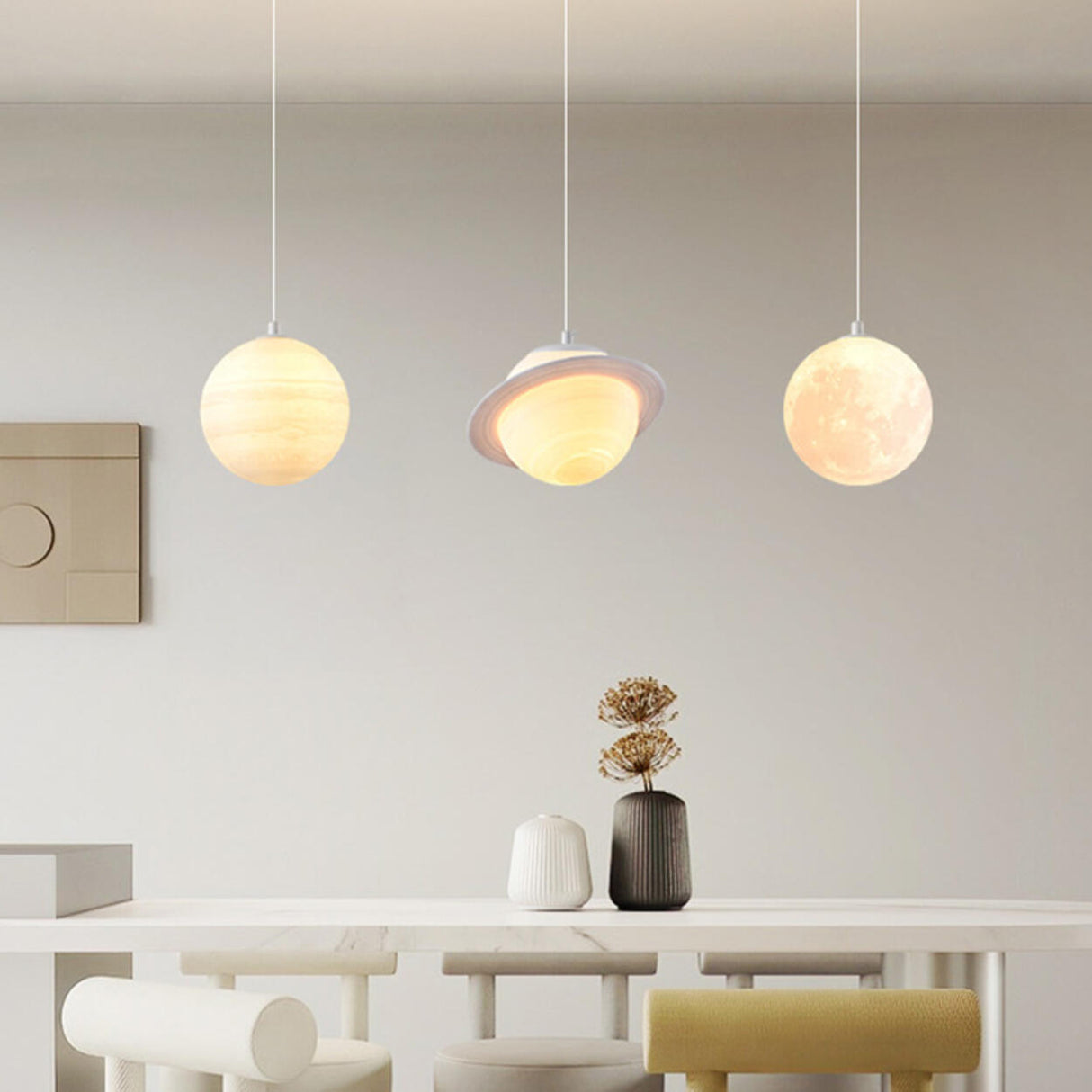 Modern Saturn Planet White Linear Dining Room Pendant Light Image - 4