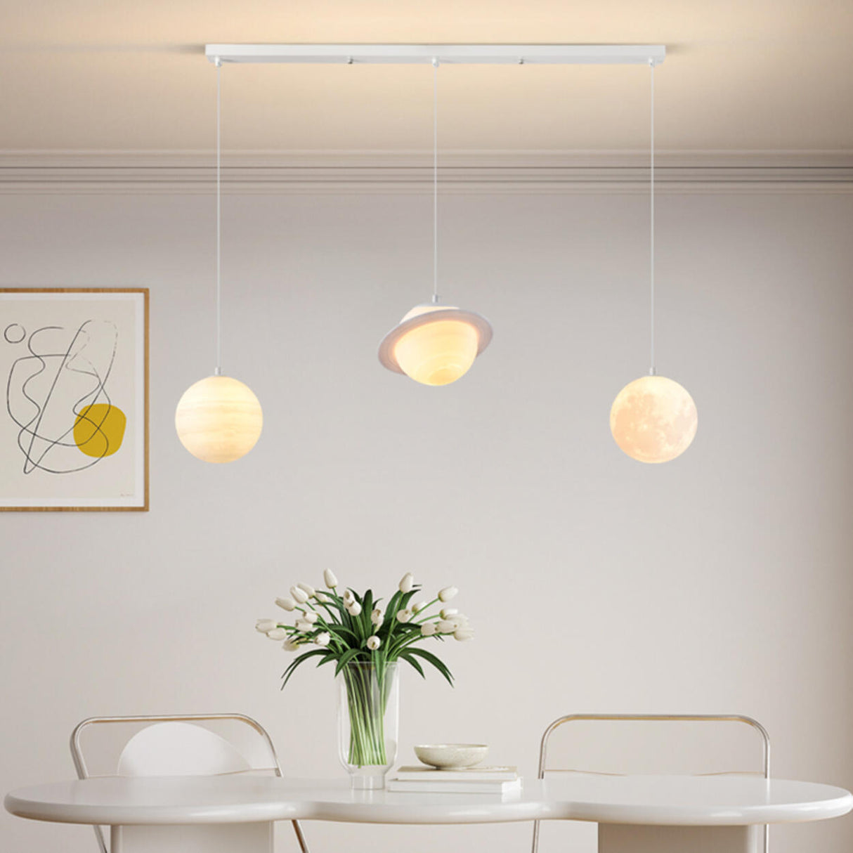 Modern Saturn Planet White Linear Dining Room Pendant Light Image - 8