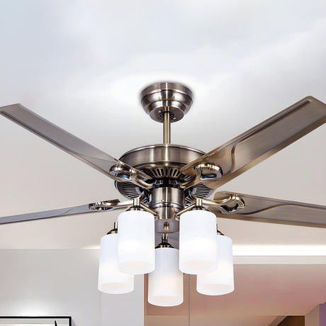 Modern Silver 5 Blade Metal Windmill Ceiling Fan Light Image - 1