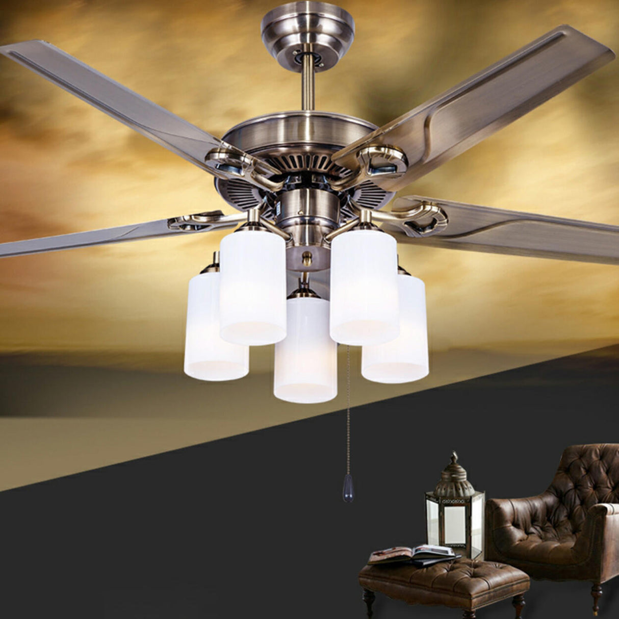 Modern Silver 5 Blade Metal Windmill Ceiling Fan Light Image - 14