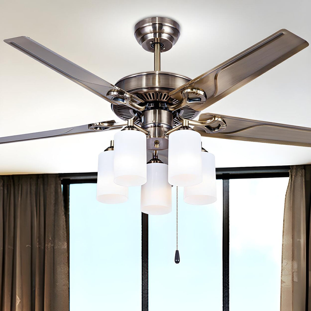 Modern Silver 5 Blade Metal Windmill Ceiling Fan Light Image - 4