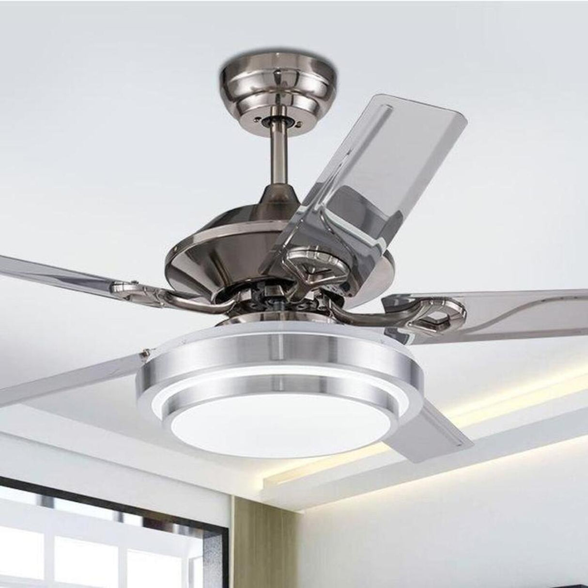 Modern Silver 5 Blade Windmill Ceiling Fan with Light Image - 4