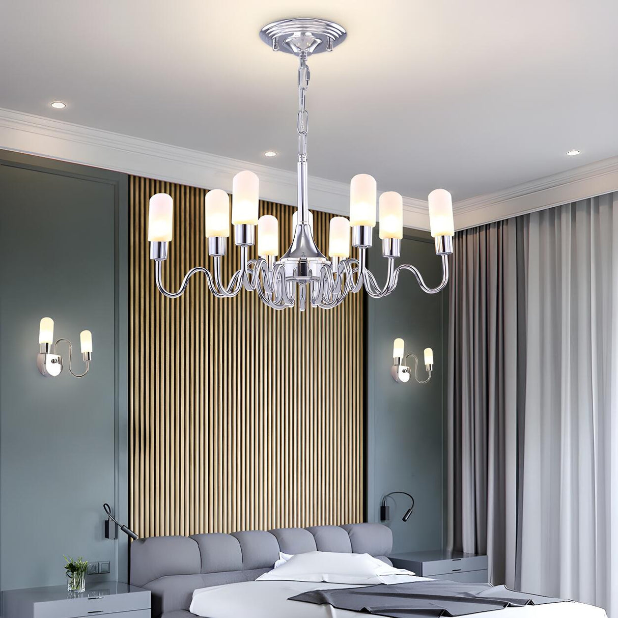 Modern Silver Cylinder Milk Glass Led Bedroom Chandelier Image - 1