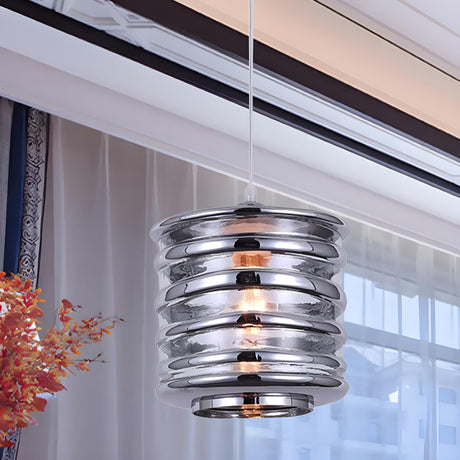 Modern Silver Cylindrical Swirl Glass Kitchen Pendant Light Image - 1