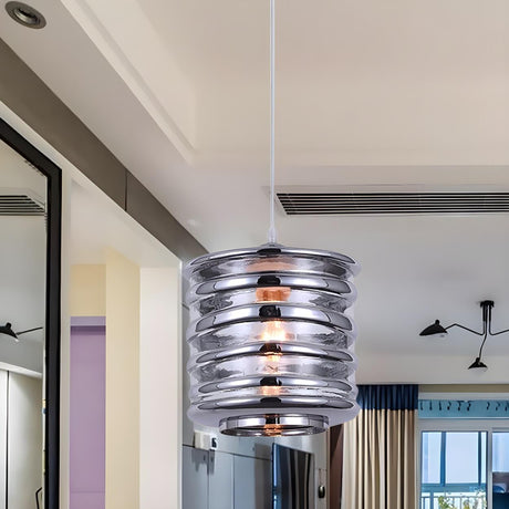 Modern Silver Cylindrical Swirl Glass Kitchen Pendant Light Image - 2